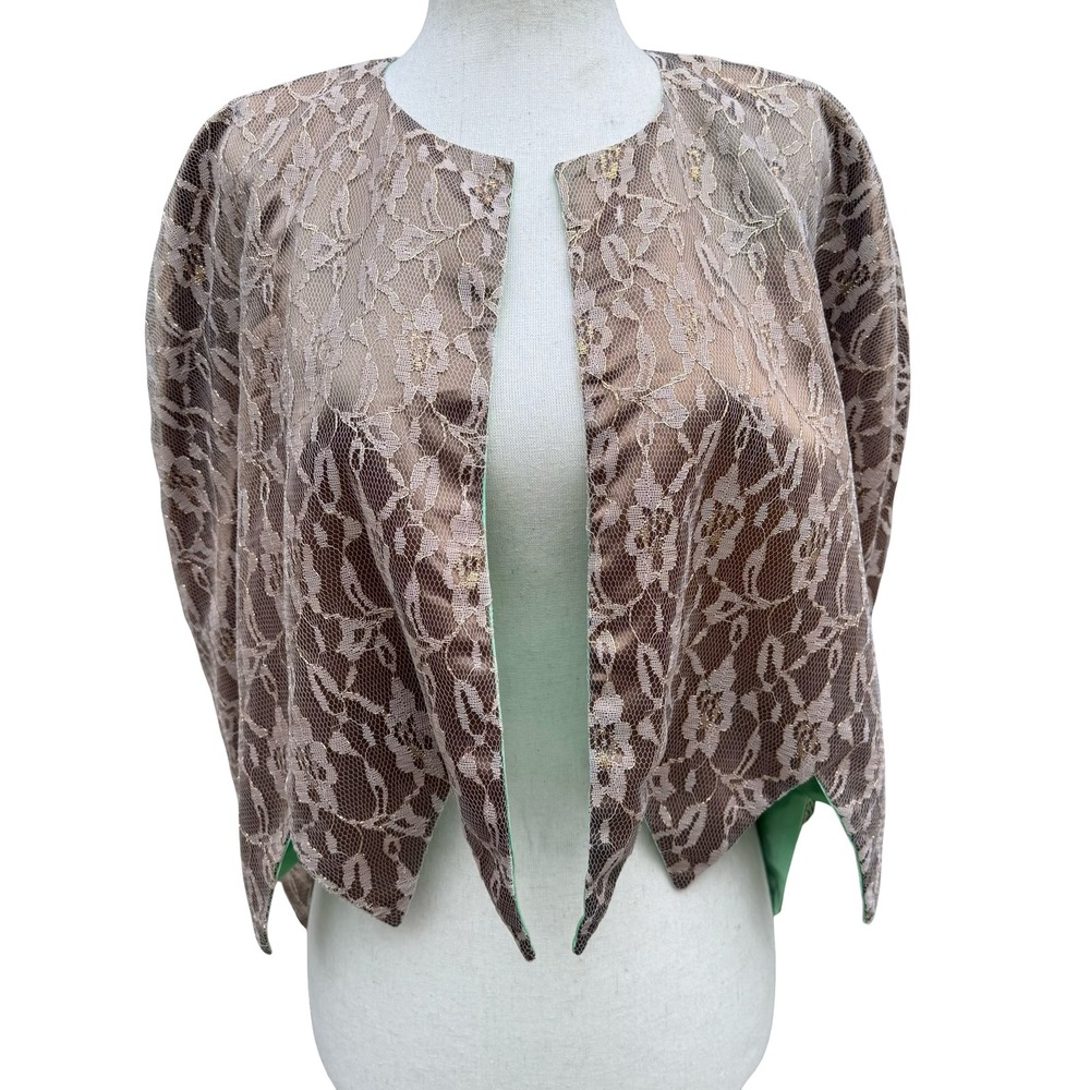 Vintage Handmade Floral Gold Metallic Lace Bolero Capelet Mint Green Lining Glam